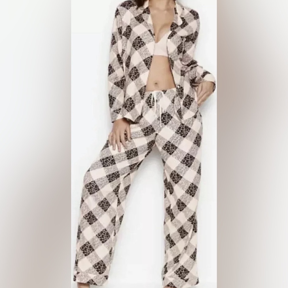 Victoria's Secret Women S Black Pink Plaid Animal Flannel 2pcs Pajama Lounge - Picture 4 of 14
